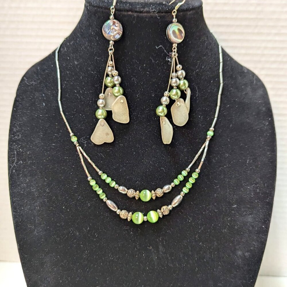 Silver Tone Green Bead Circle Round Dangle Drop Earrings Necklace Set Jewelry